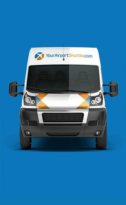 a branded van with Your Airport shuttle logo written on top of the Front Screen