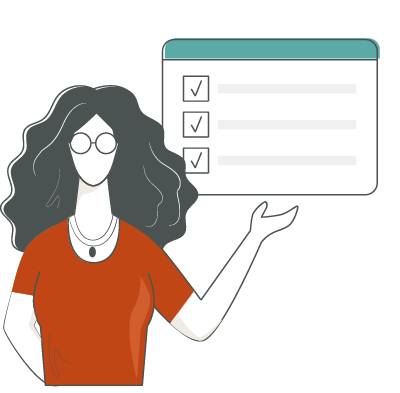 Icon illustration of female figure presenting a website accessibility checklist.