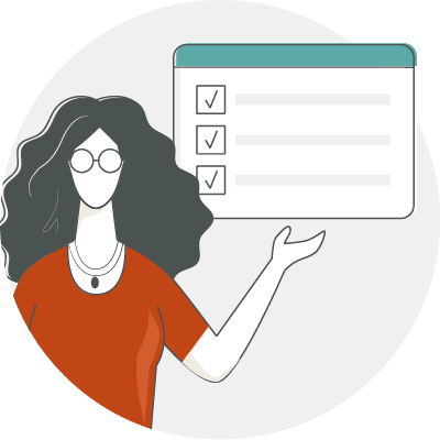 Icon illustration of female figure presenting a website accessibility checklist.