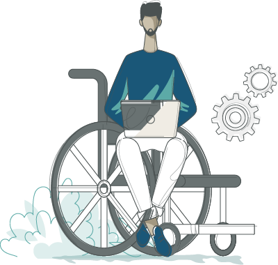 Icon illustration of Person in a wheelchair using a laptop.