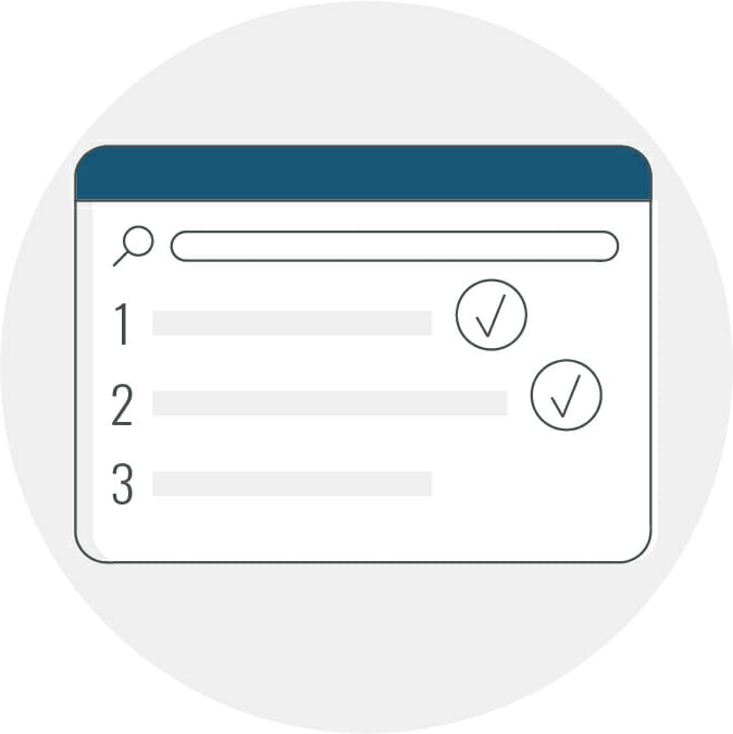 Graphical representation of a simplified web browser window with a search bar and a list of three items related to ADA Website Accessibility Services, two of which are marked with check marks.