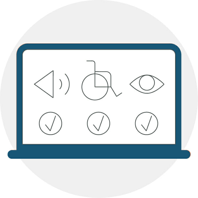 Icon illustration of laptop with line drawings for speech, mobility, sight checked