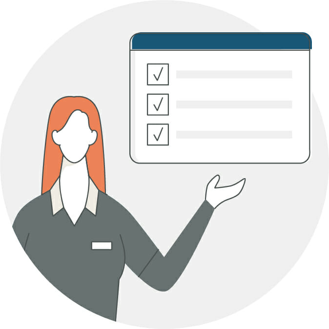 Icon illustration of female figure presenting a website accessibility checklist.