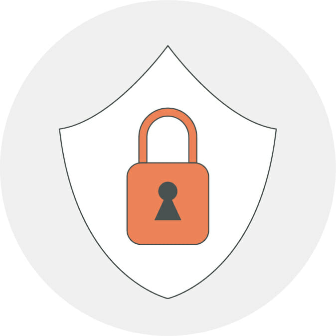 Icon representation of security protection with a lock inside of a a shield