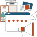 Icon with Five-star rating on a digital interface with marketing and communication icons.