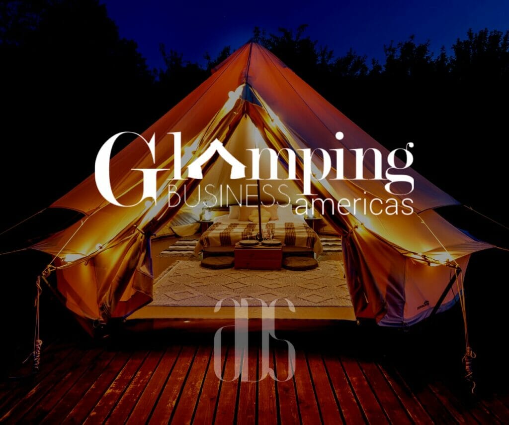 Glamping Americas Magazine logo on a photo of a glamping tent