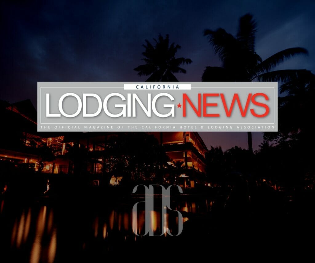 California Lodging News Magazine logo on a photo of a beautiful outdoor setting at a resort.