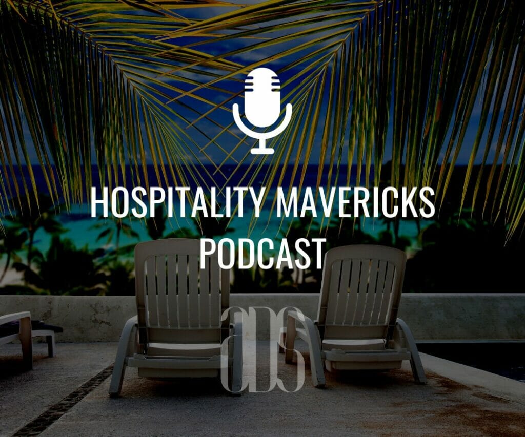 2 empty outdoor lounge chair overlooking the ocean and palm tree leaves framing them with the words Hospitality mavericks Podcast