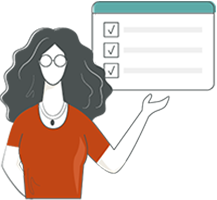 Icon illustration of female figure presenting a website accessibility checklist.