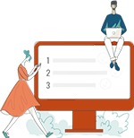 Icon of two people interacting with a large checklist displayed on a monitor.