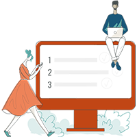 Icon of two people interacting with a large checklist displayed on a monitor.