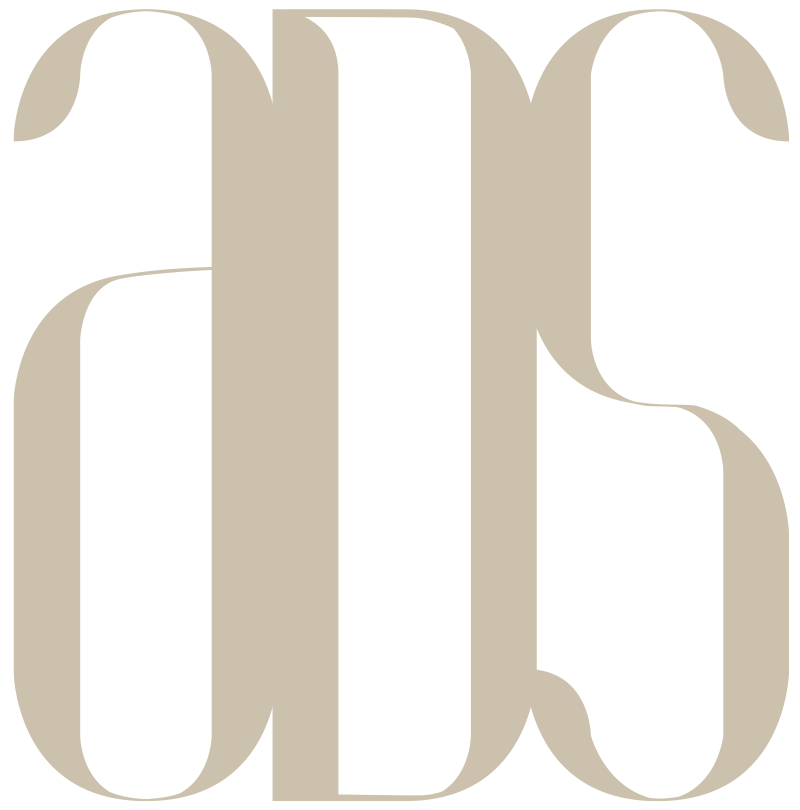 Stylized, overlapping beige lowercase letters "a", "d", and "s" with elegant, elongated curves and thick and thin strokes on a light gray background. The letters have a modern, artistic, and abstract appearance.