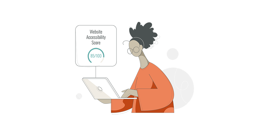 Illustration of a person using a laptop, with a screen displaying "Website Accessibility Score 85/100.