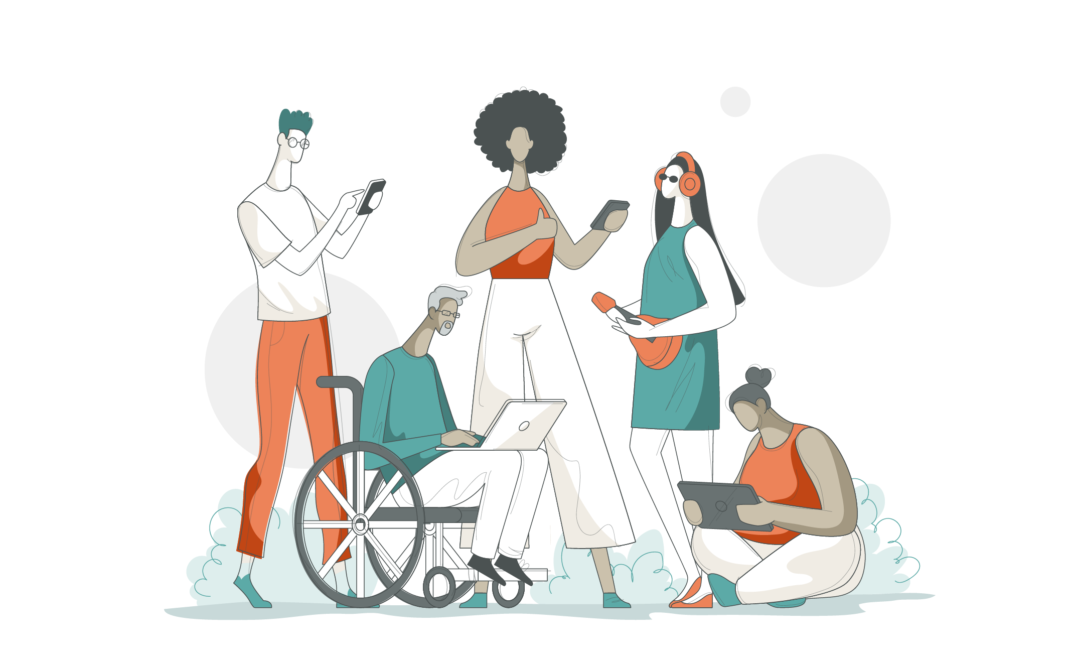 Illustration of five diverse people, including one using a wheelchair, interacting with digital devices such as phones, a laptop, and a tablet—highlighting the importance of ADA Website Accessibility Services.