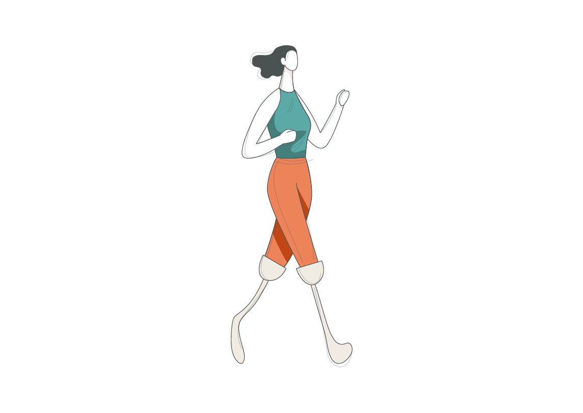 Illustration of a person with prosthetic legs walking, wearing an aqua top and orange pants, representing the spirit of inclusivity promoted by ADA Website Accessibility Services.