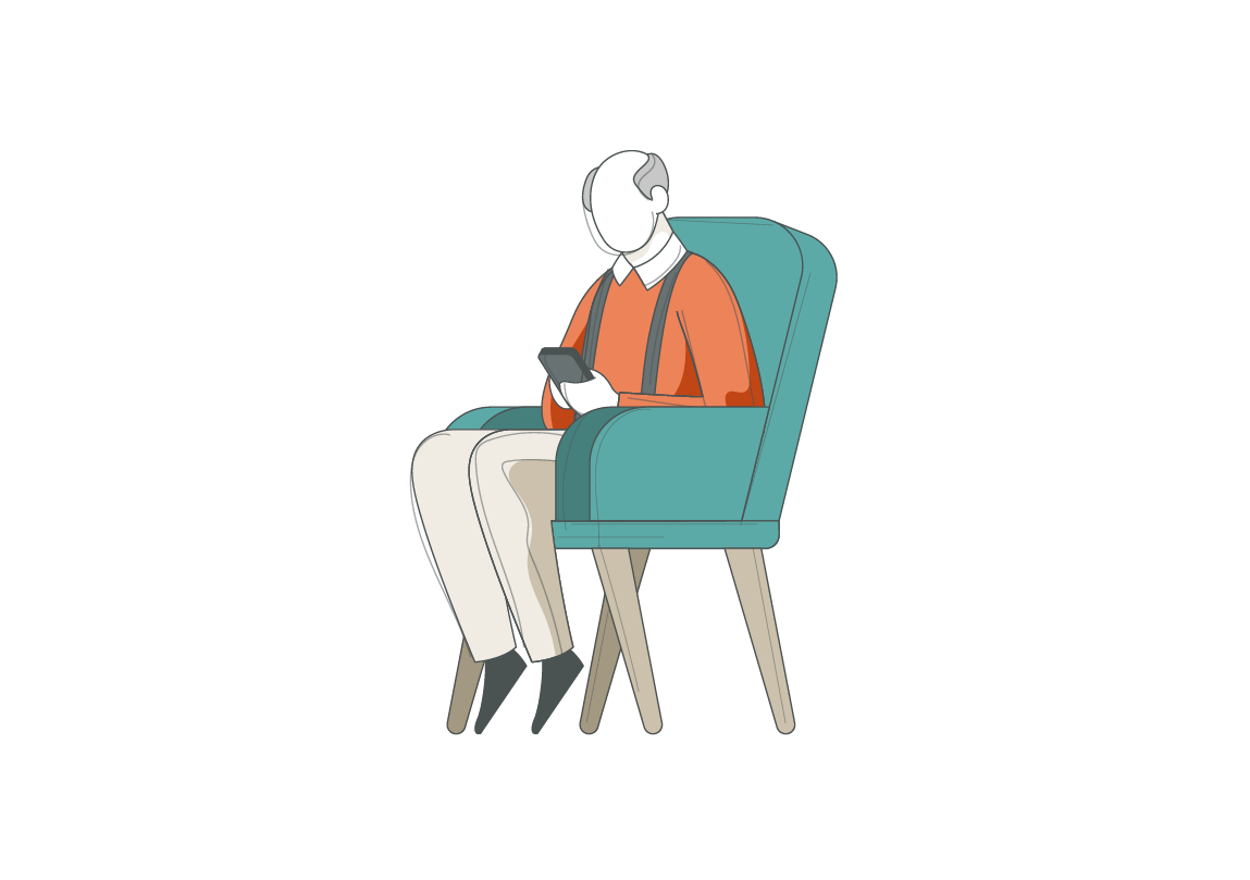 Illustration of a faceless person sitting in a teal armchair, wearing an orange sweater and beige pants, holding a smartphone—perfect for showcasing ADA Website Accessibility Services.