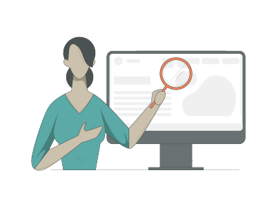 a woman with dark hair in a teal top holding a magnifying glass up to a computer monitor displaying a simplified web page, symbolizing the importance of web accessibility compliance. The background is light gray and her facial features are not detailed.