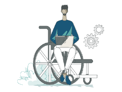 a person with short hair and a beard sitting in a wheelchair, working on a laptop. The scene highlights web accessibility compliance, with two gear icons in the background suggesting work or technology.