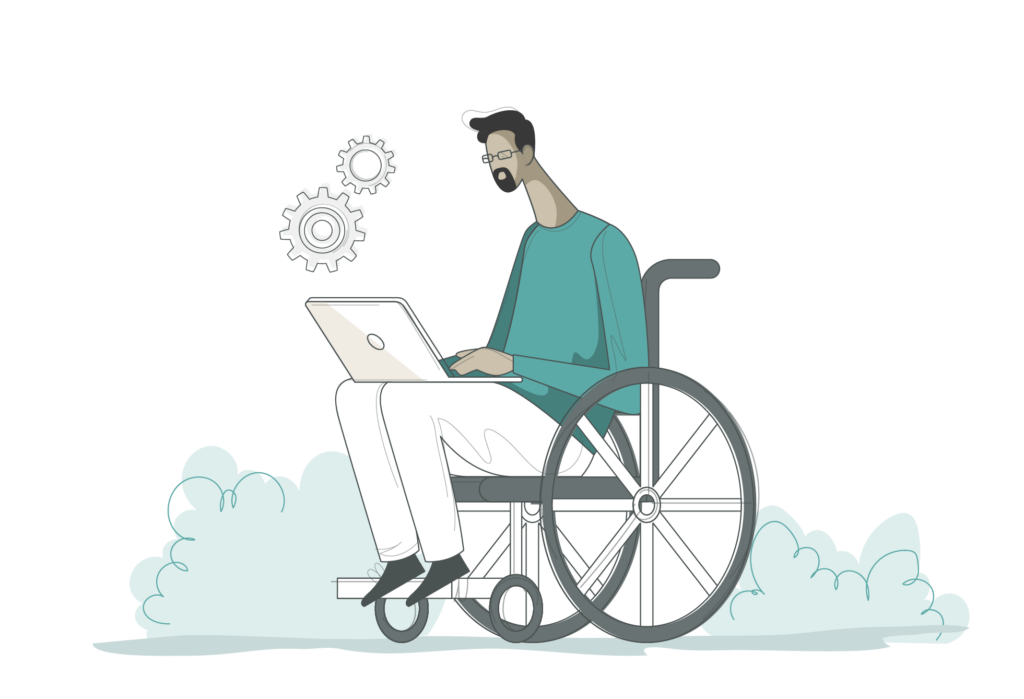 a man with glasses and a beard in a wheelchair, working on a laptop. Two gear icons float near his head, highlighting building accessible websites. Bushes are in the background, with muted greens and grays throughout the scene.