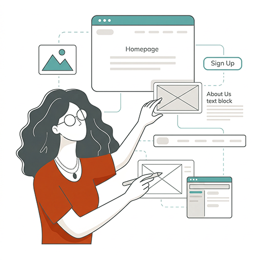 a woman with glasses and wavy dark hair designing a website interface. She points at floating web elements, symbolizing website planning, development, and building accessible websites for all users.