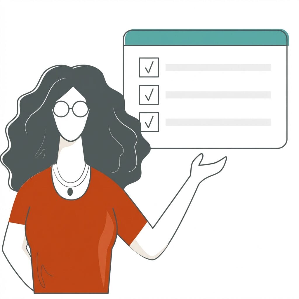a woman with long wavy dark hair and glasses, in a red shirt and necklace, standing next to a checklist—like one from a website accessibility checker. She gestures toward the checklist, highlighting two marked checkboxes.