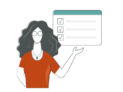 a woman with wavy hair, glasses, and a red shirt, gesturing toward a checklist with three items checked—representing web accessibility compliance—against a plain white background.