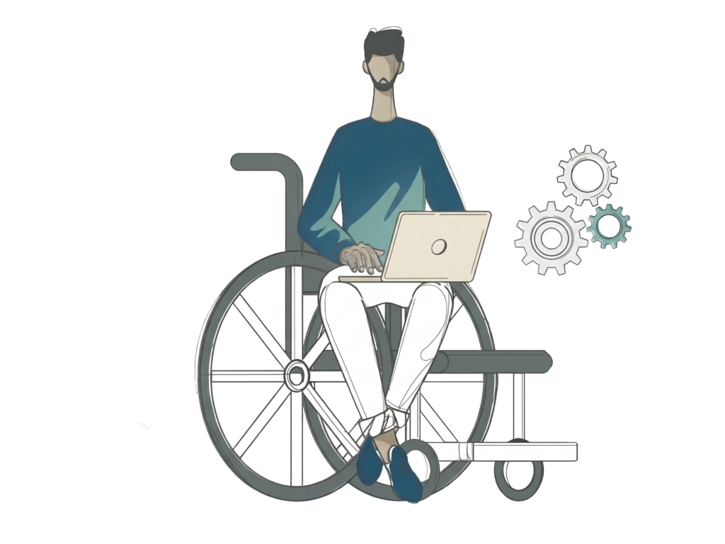 a person with short hair and a beard sitting in a wheelchair and using a laptop. Three gear icons float to the right, suggesting technology, productivity, and ADA compliance standards. The background is plain and light-colored.
